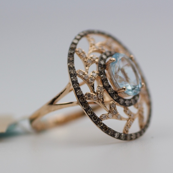EFFY 14k Rose Gold Aquamarine & Brown Diamond Ring - Picture 8 of 8